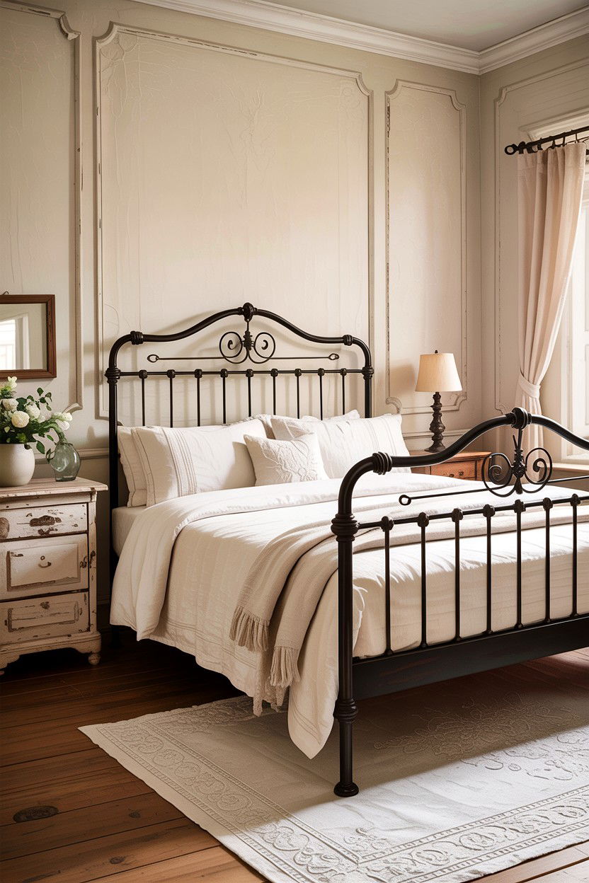 Vintage iron bed frame - 30 rustic cream bedroom ideas
