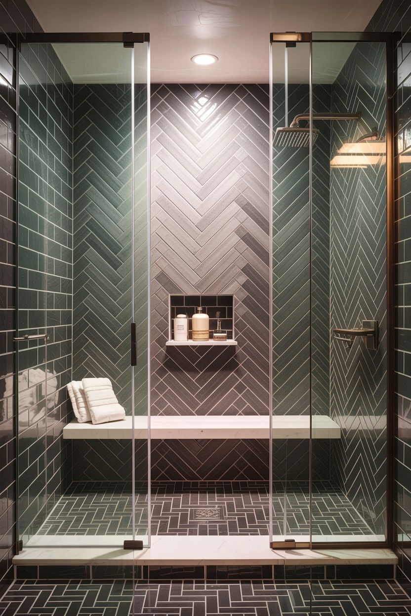 Walk in shower herringbone wall - 30 herringbone pattern bathroom ideas