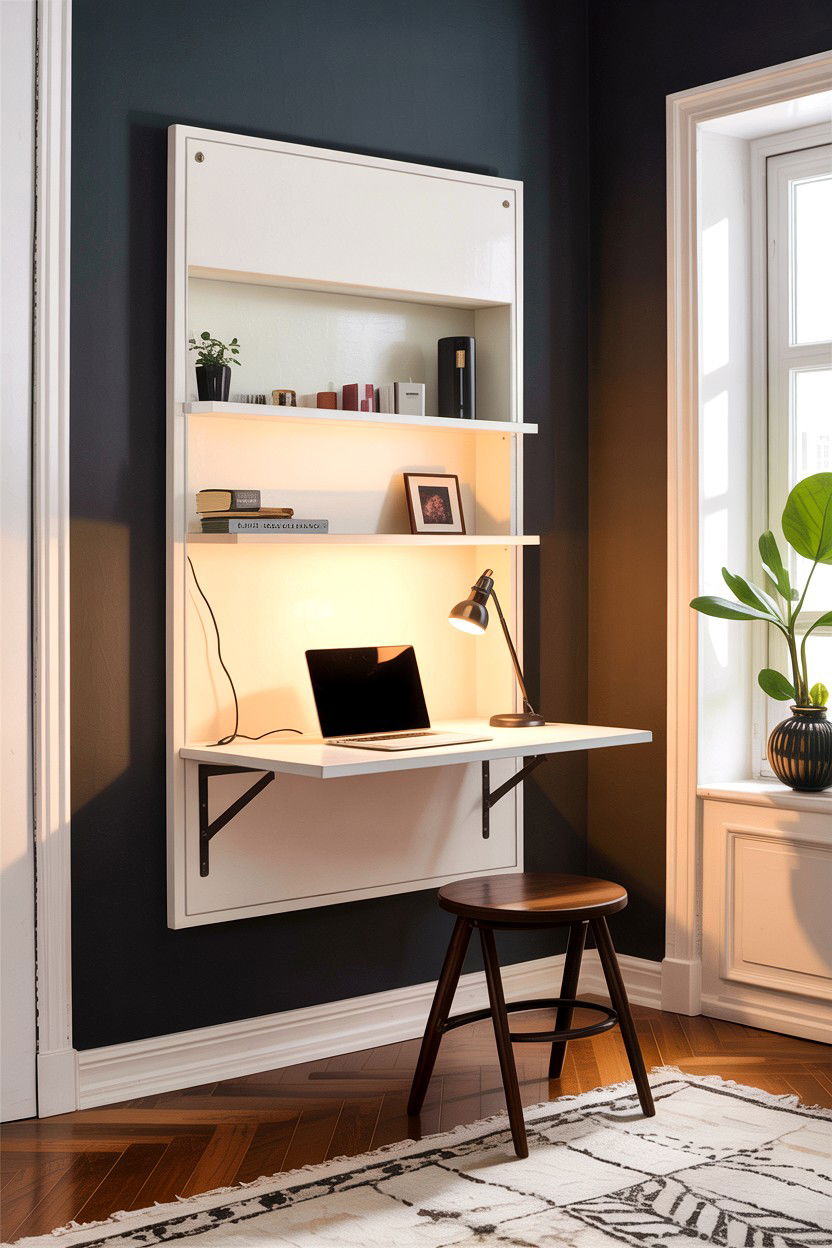 Wall Mounted Desk - 30 small living room space storage ideas