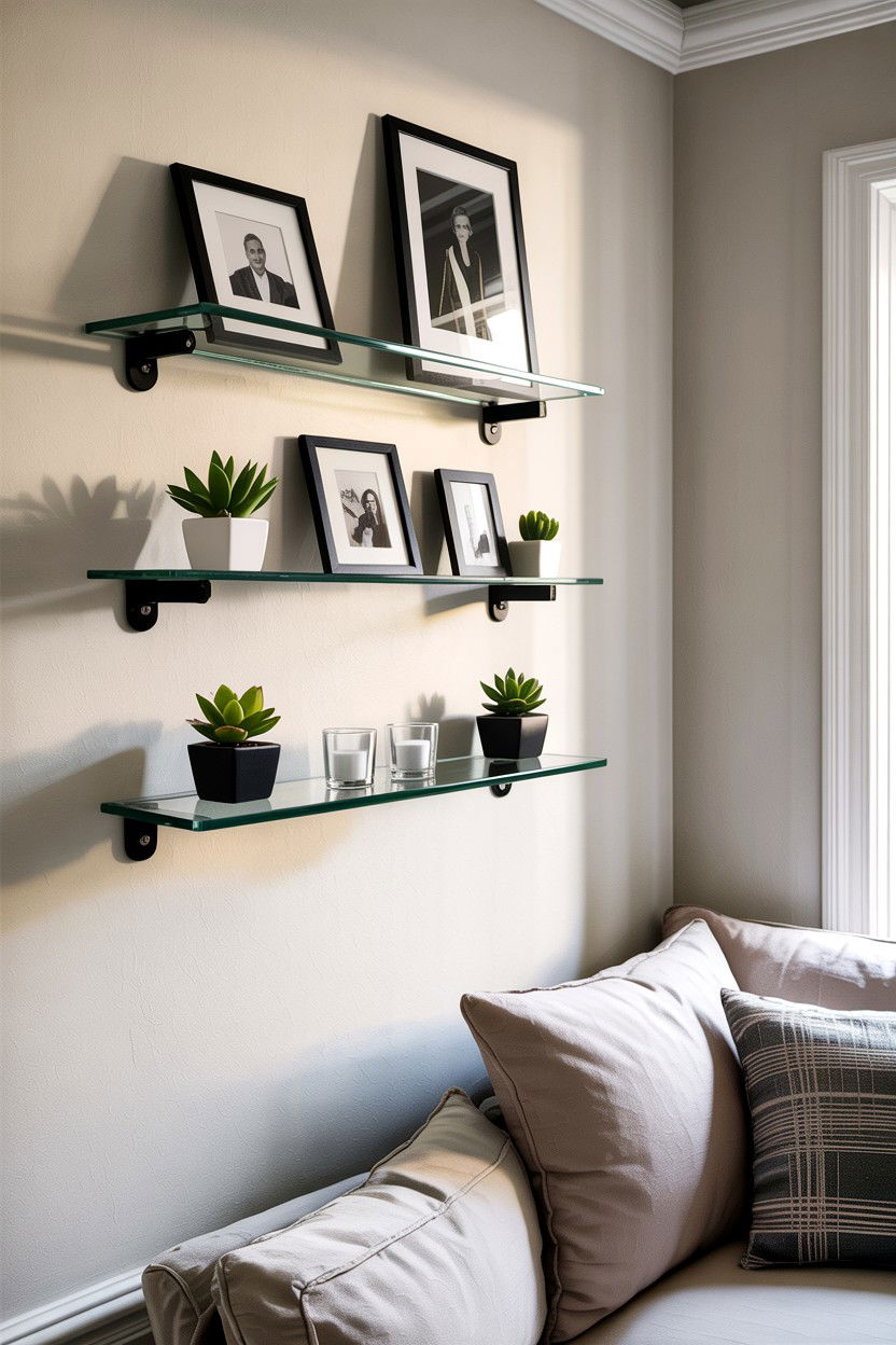 Wall Mounted Glass Shelves - 30 living room glass furniture ideas