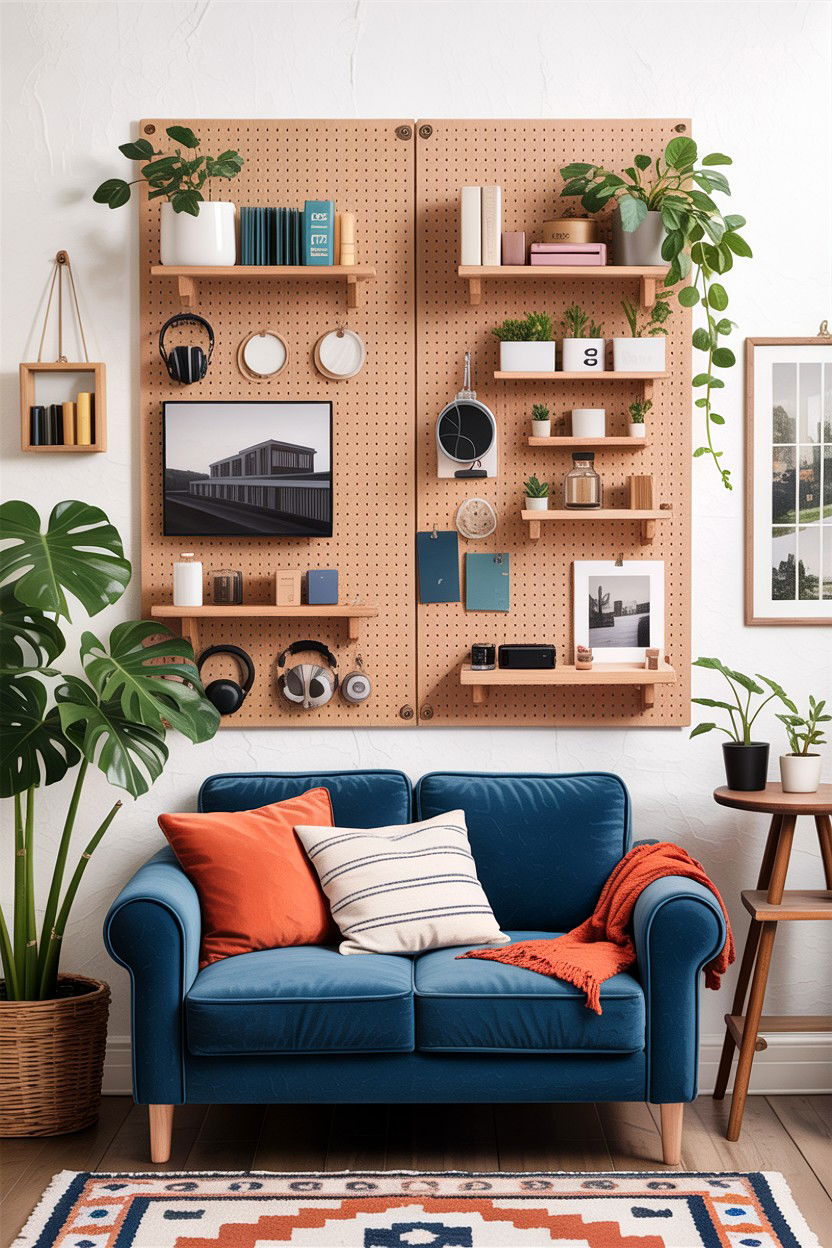 Wall Pegboard - 30 small living room space storage ideas