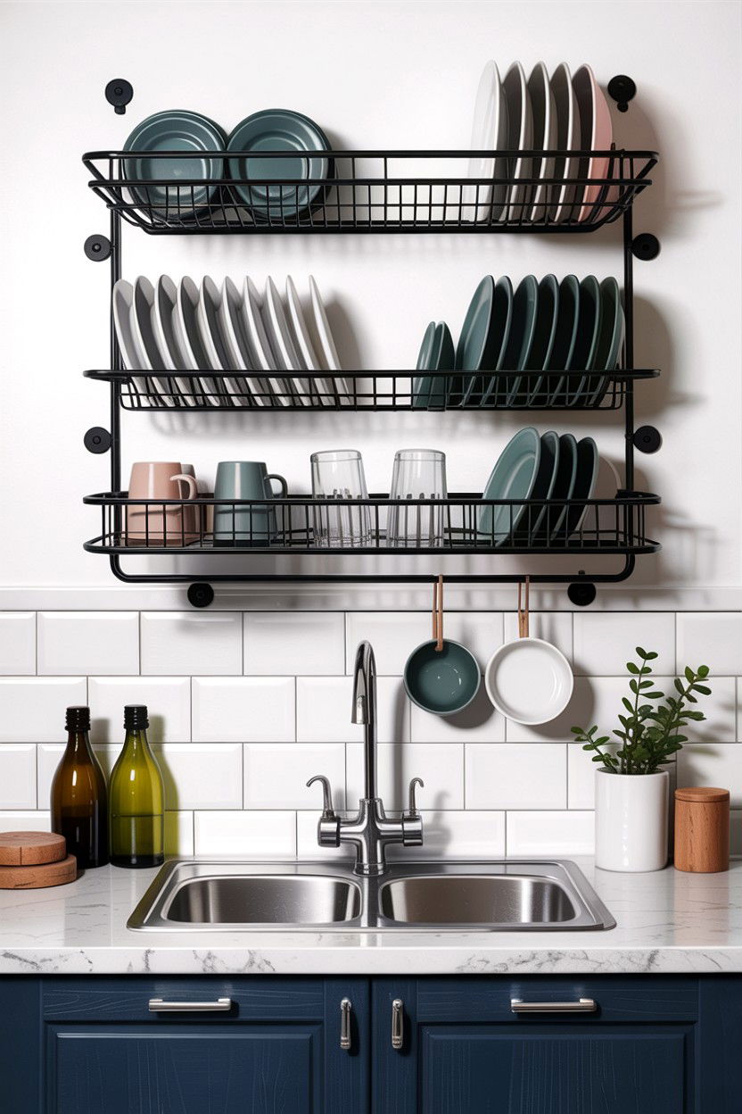 Wall mounted dish rack - 30 small kitchen space storage ideas
