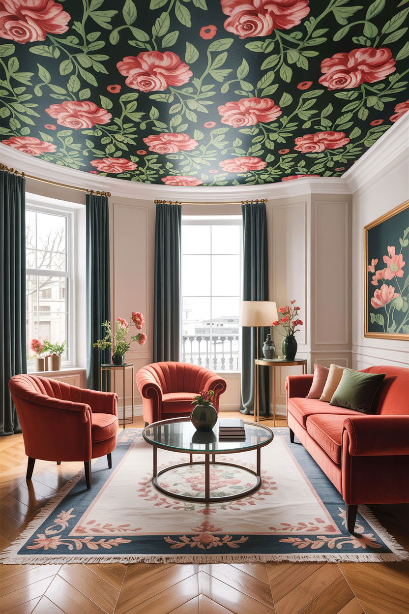 Wallpaper ceiling living room - 30 living room fifth wall ideas