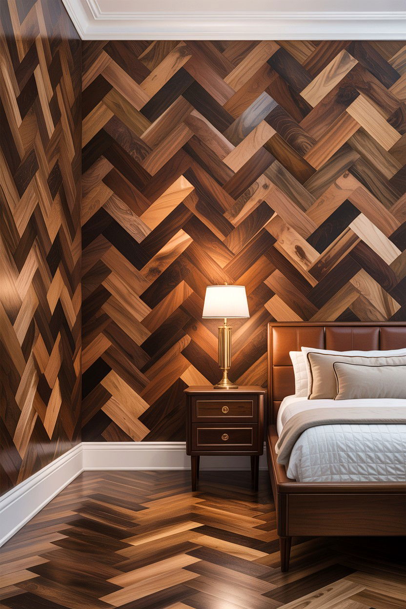 Walnut wood herringbone wall - 30 bedroom herringbone wall ideas