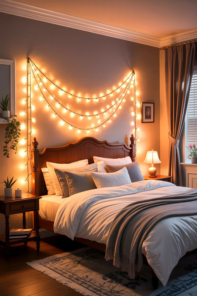 Warm Fairy Light Strings - 30 cottage core bedroom ideas