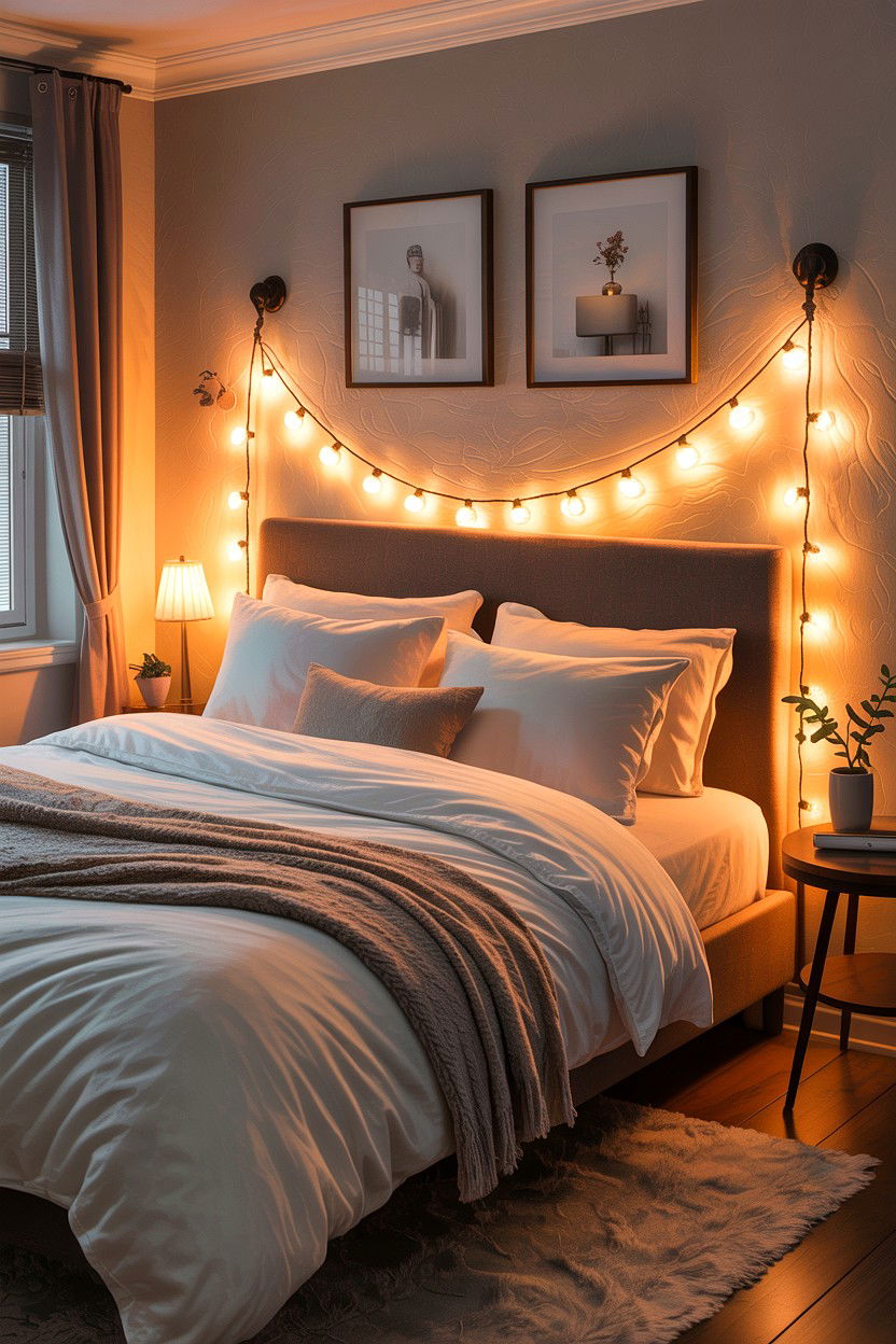 Warm String Lights Bedroom - 30 first apartment bedroom ideas