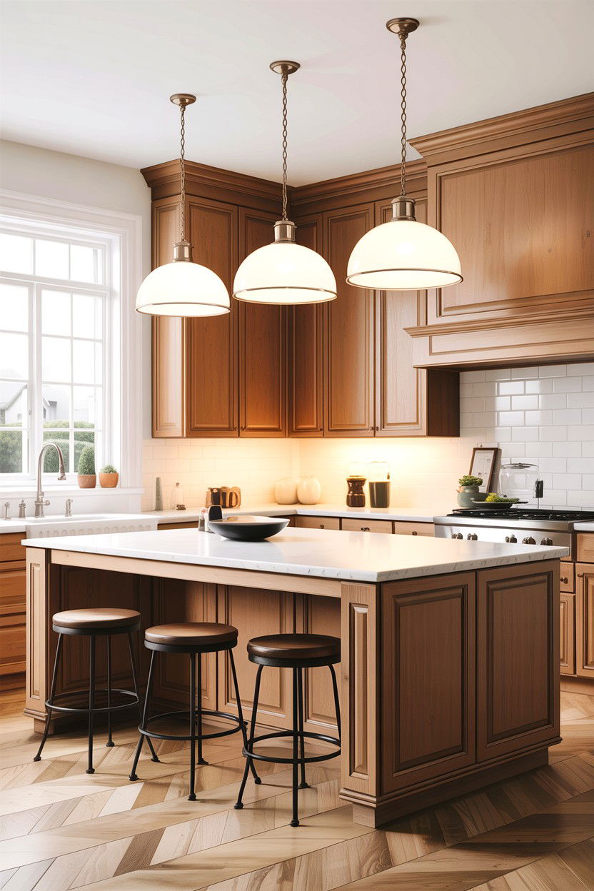Warm Tan Cabinets White Pendant Lights - 30 tan and white kitchen ideas
