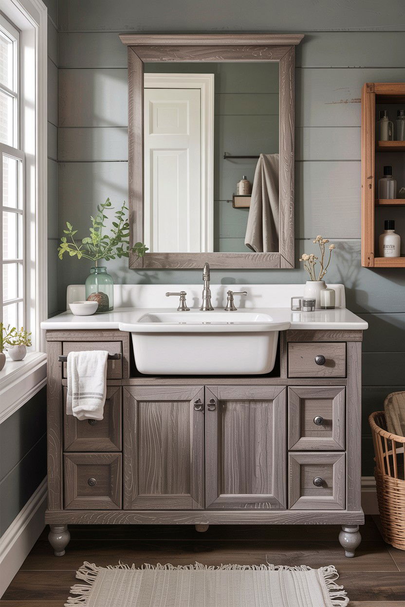 Weathered Gray Vanity Farmhouse Sink - 30 farmhouse sink bathroom ideas
