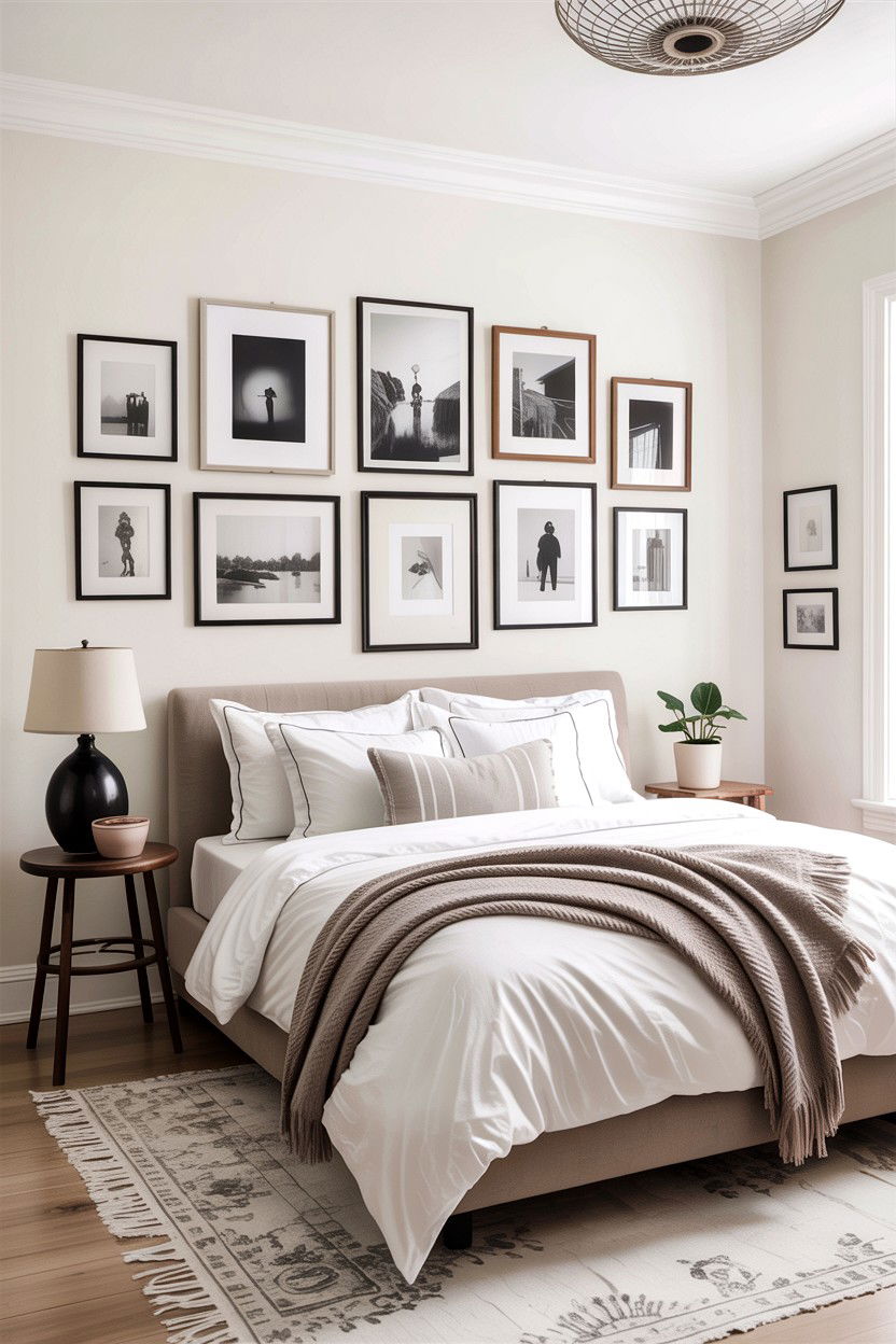 White Bedroom With Gallery Wall Art - 30 scandinavian white bedroom ideas