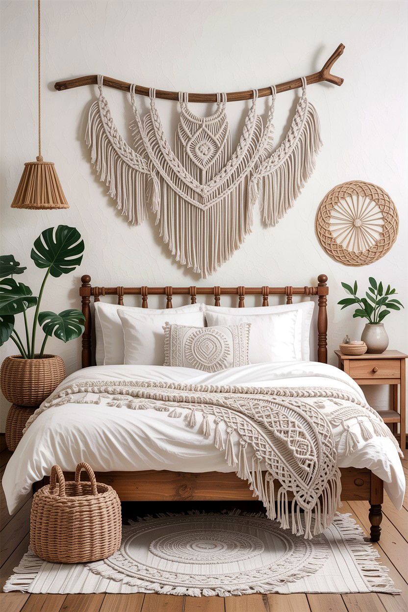 White Bedroom With Macrame Wall Hanging - 30 scandinavian white bedroom ideas