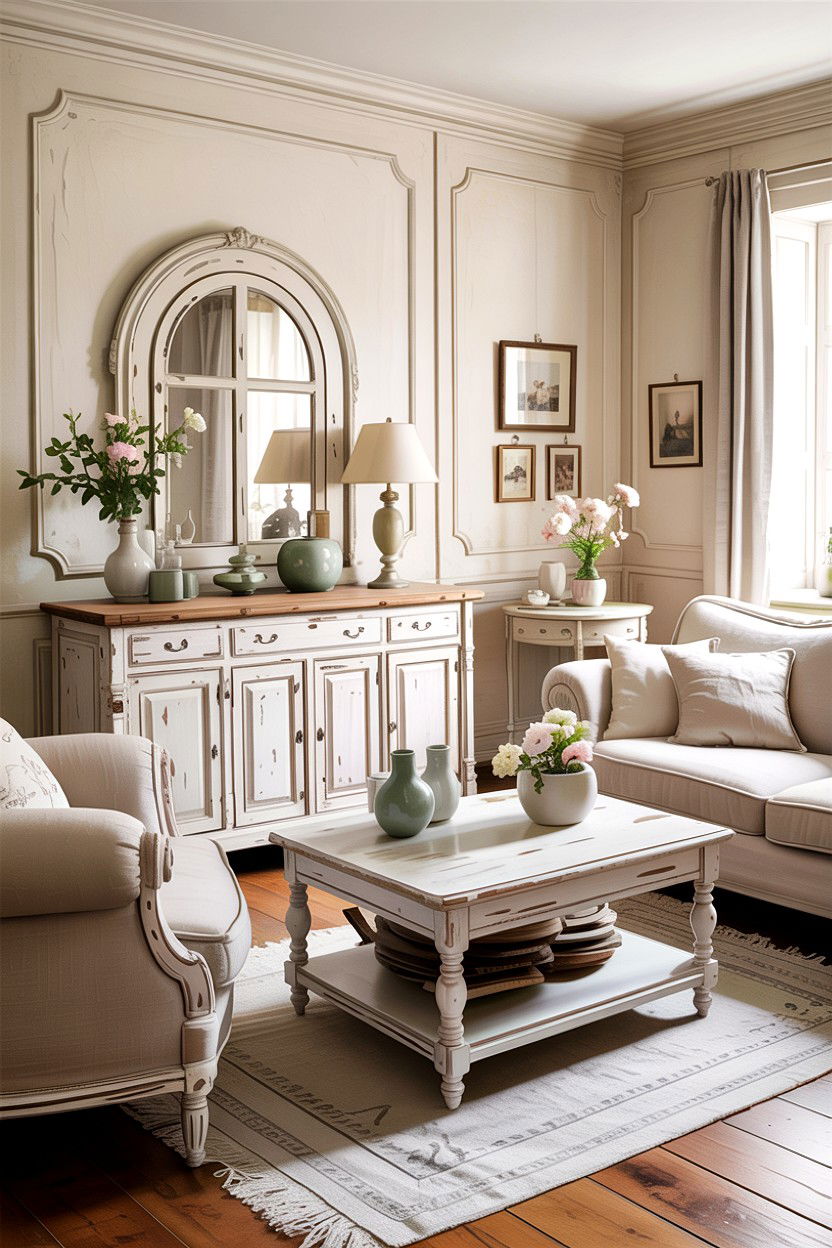White Distressed Furniture - 30 French shabby chic living room ideas