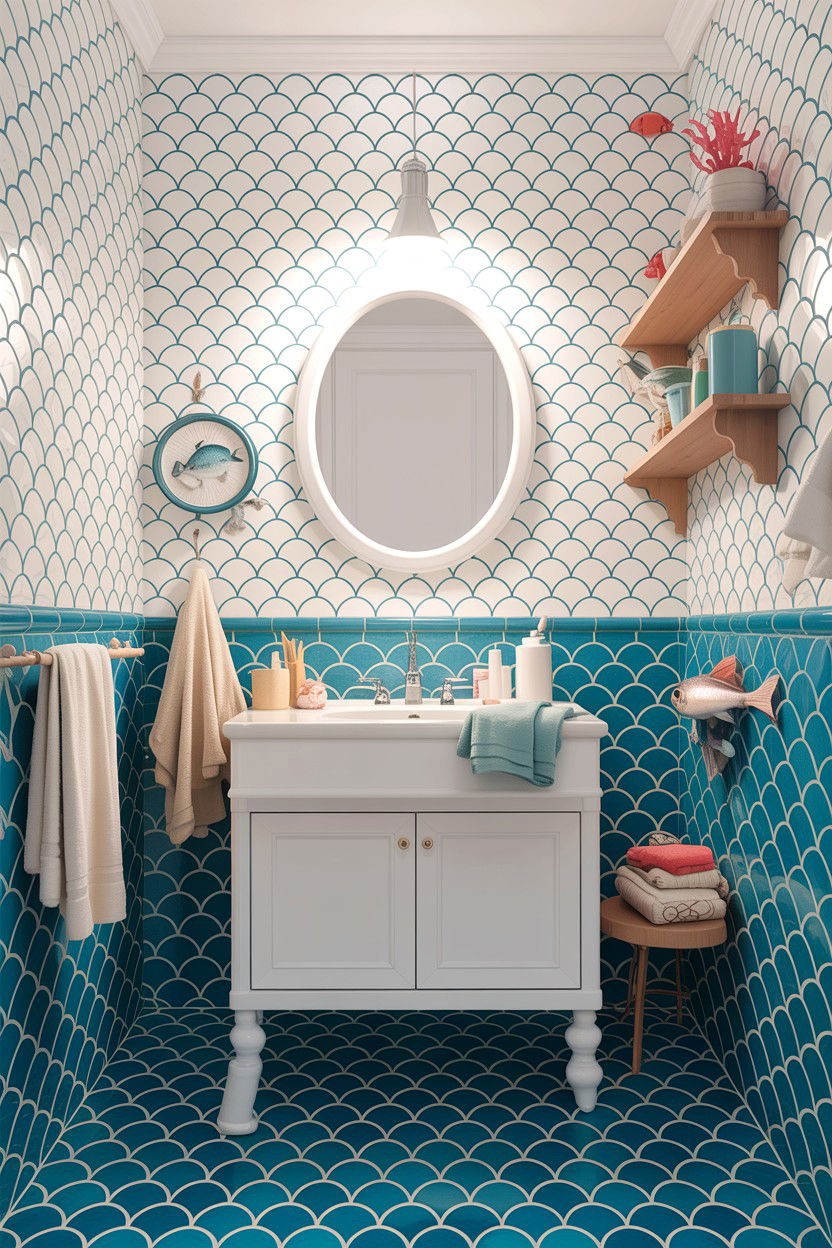 White Fish Scale Tile Blue Grout - 30 contrasting grout bathroom ideas