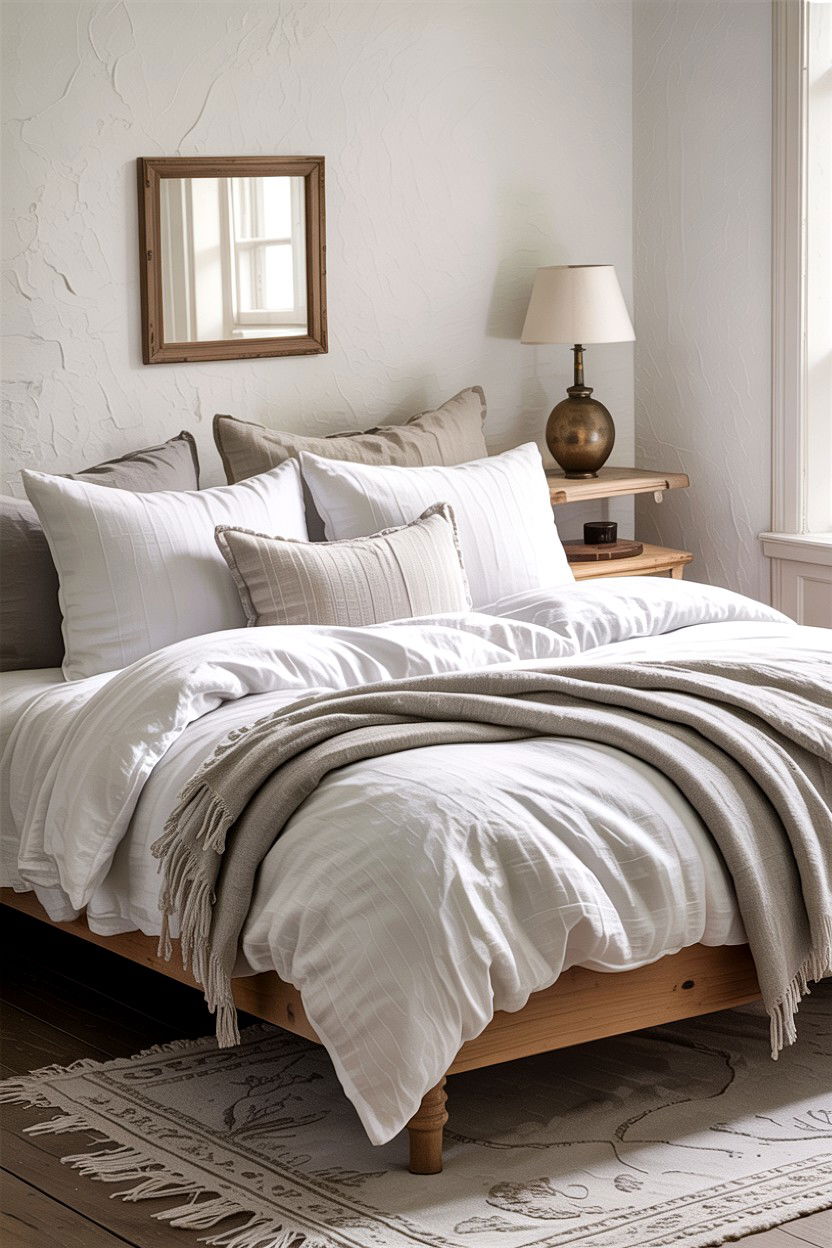 White Linen Bedding - 30 rustic white bedroom ideas