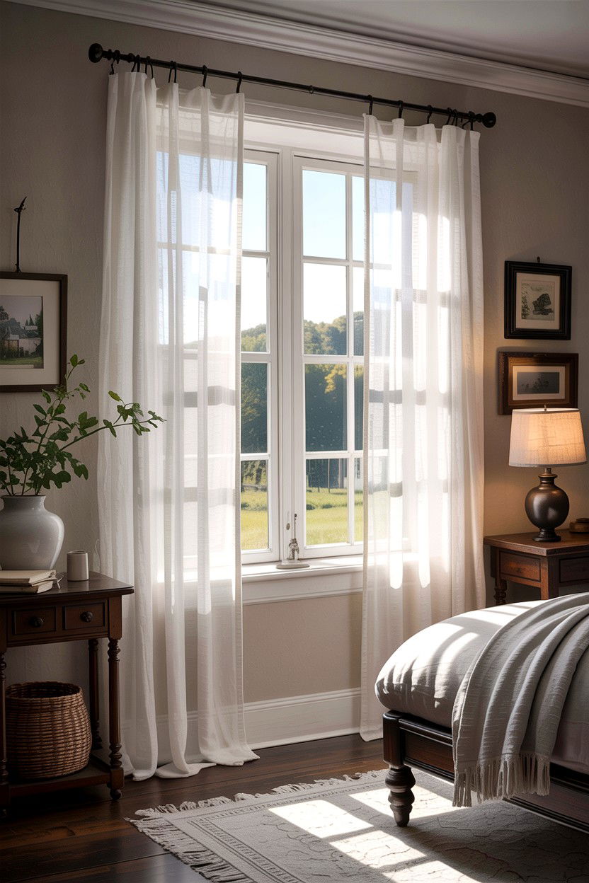 White Linen Window Curtains - 30 farmhouse bedroom ideas