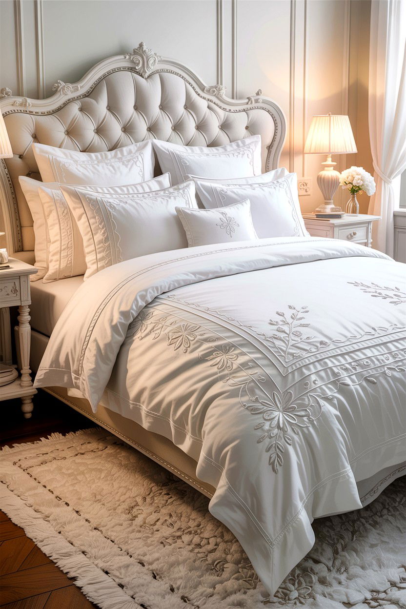 White On White Bedding - 30 embroidered bedroom ideas