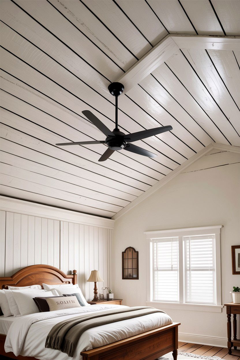 White Planked Ceiling - 30 rustic white bedroom ideas