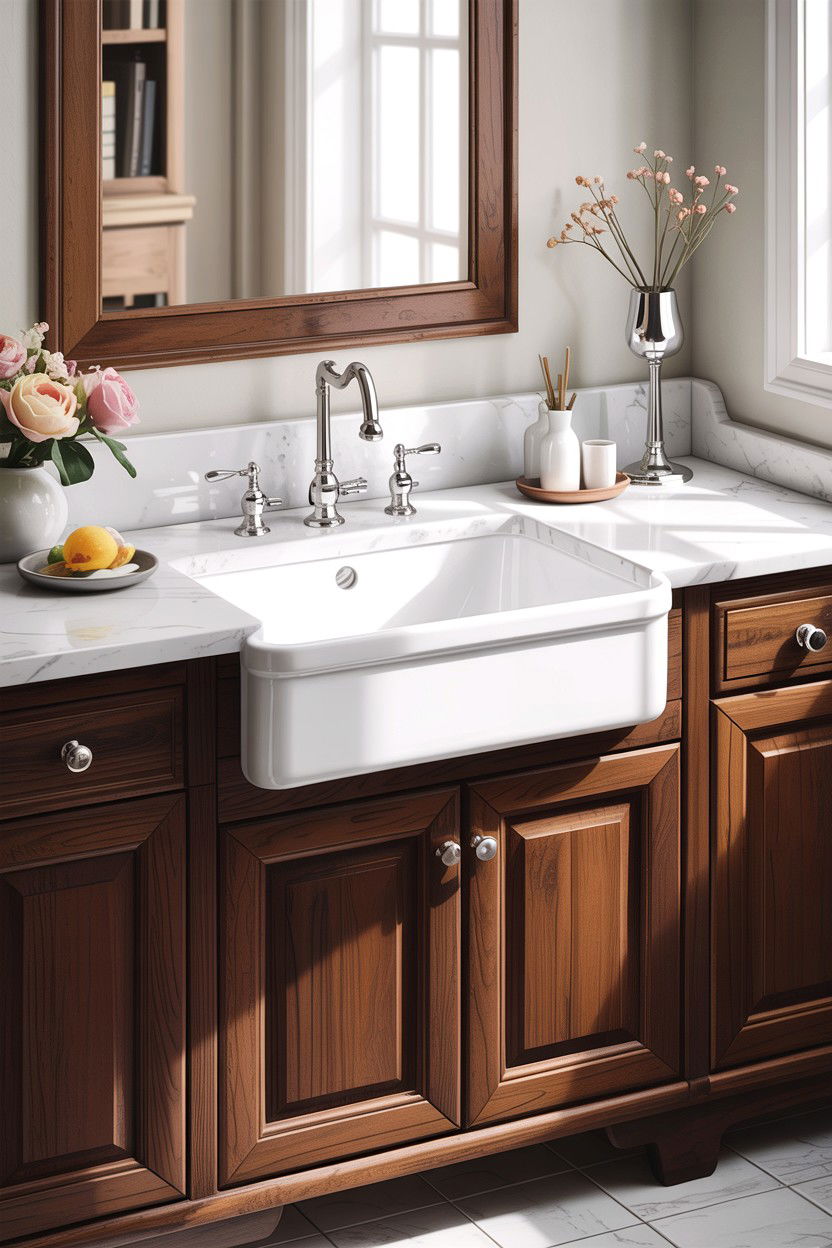 White Porcelain Apron Front Sink - 30 farmhouse sink bathroom ideas