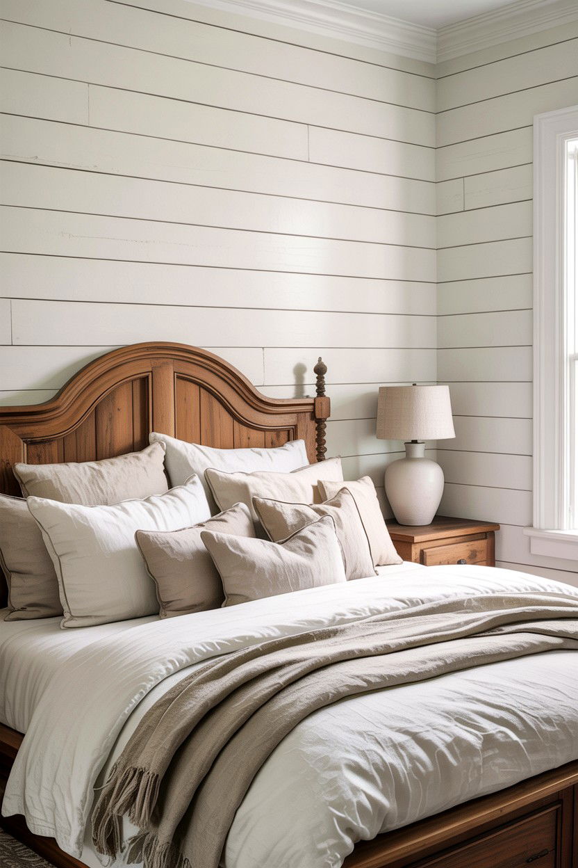 White Shiplap Bedroom Wall - 30 farmhouse bedroom ideas