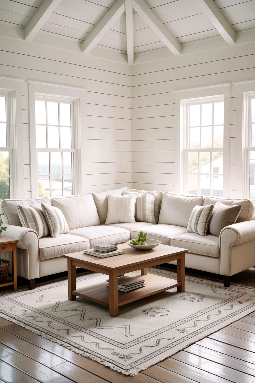 White Shiplap Walls - 30 rustic white living room ideas