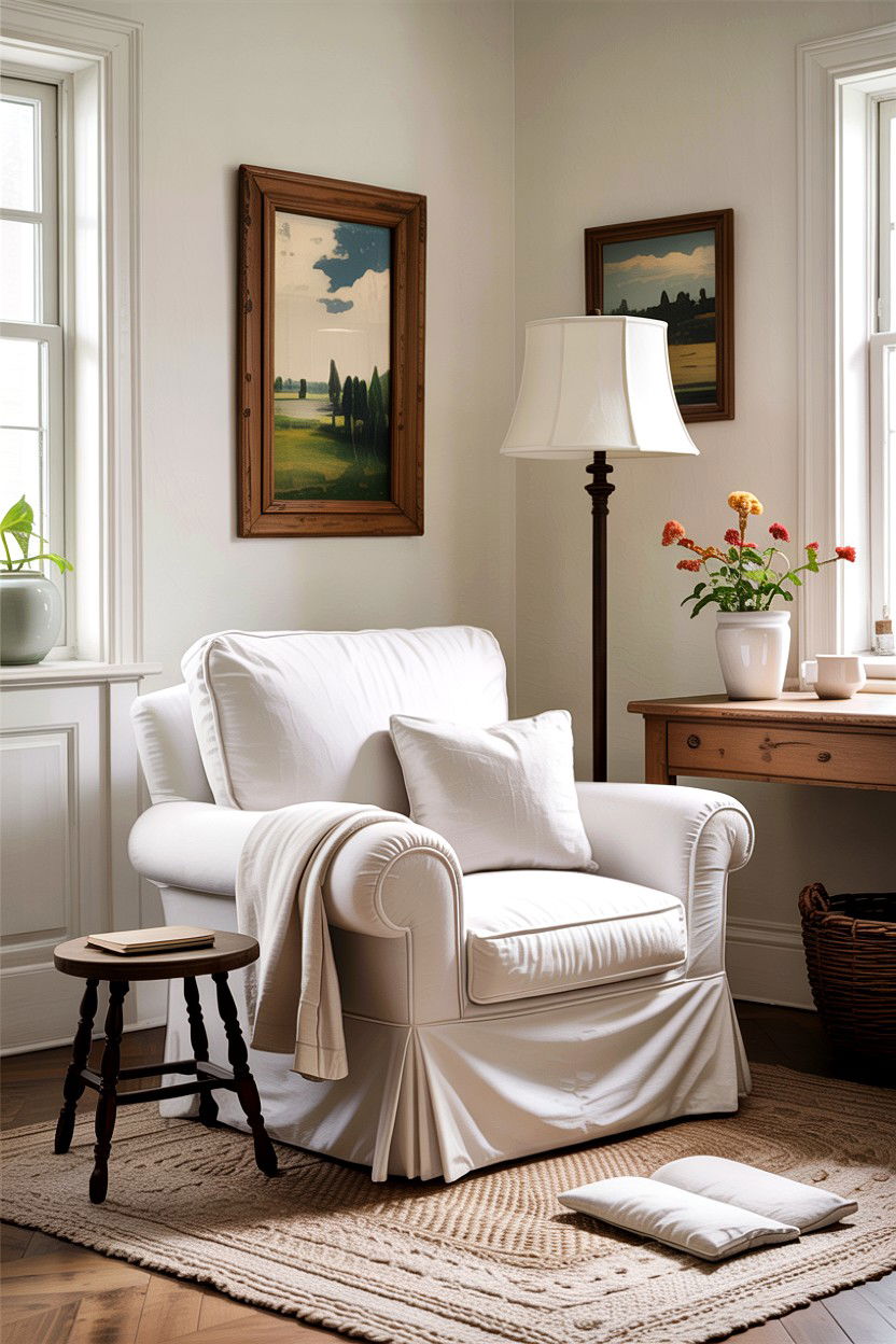 White Slipcovered Armchair - 30 rustic white bedroom ideas