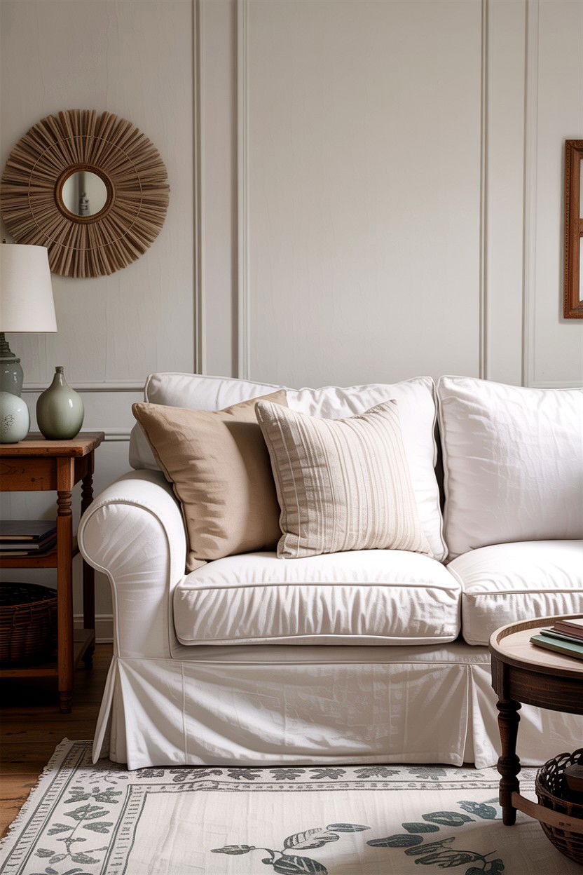 White Slipcovered Sofa - 30 living room farmhouse furniture ideas