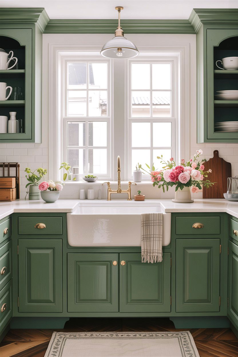 White farmhouse sink sage cabinets - 30 sage and white kitchen ideas