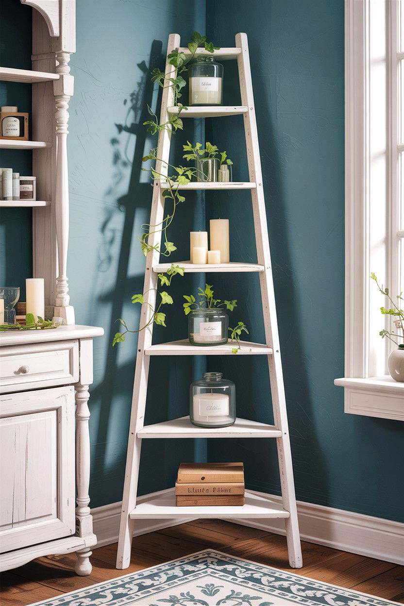 White ladder corner shelf - 30 living room corner shelf ideas