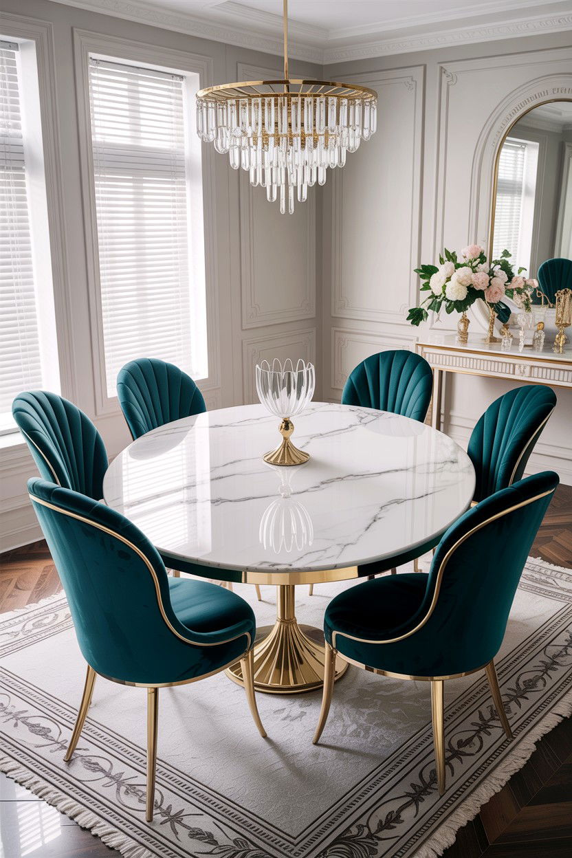 White marble dining table with teal chairs - 30 teal and white dining room ideas