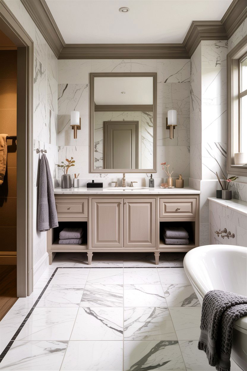 White marble floor tile - 30 gray and white bathroom ideas