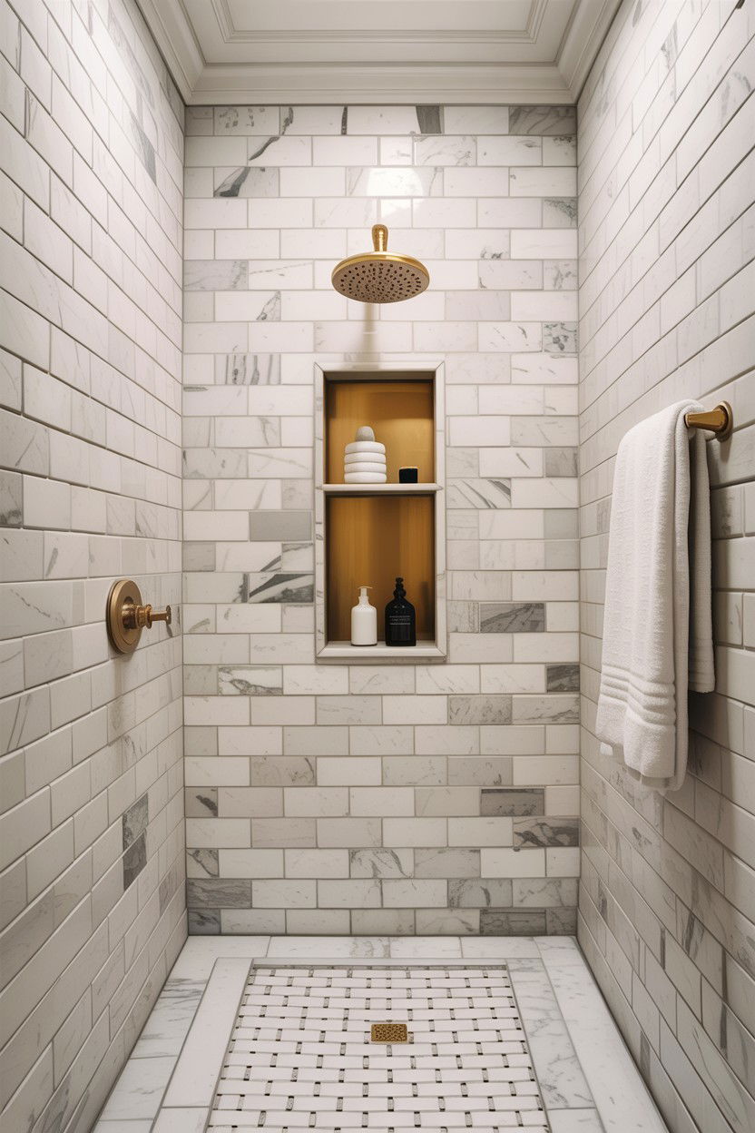 White marble subway tile - 30 Hollywood regency bathroom ideas