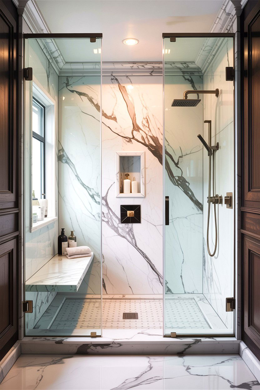 White marble walk in shower - 30 gray and white bathroom ideas