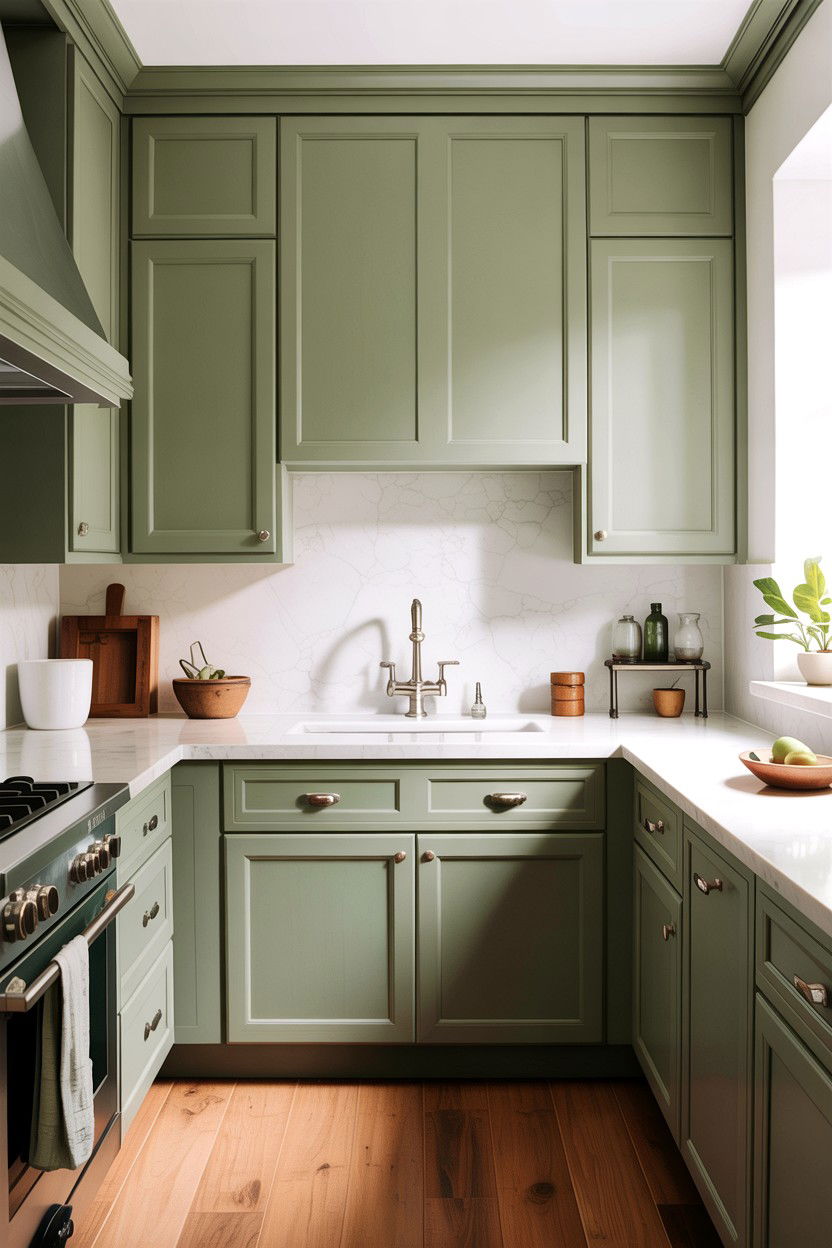 White quartz countertops sage green cabinets - 30 sage and white kitchen ideas