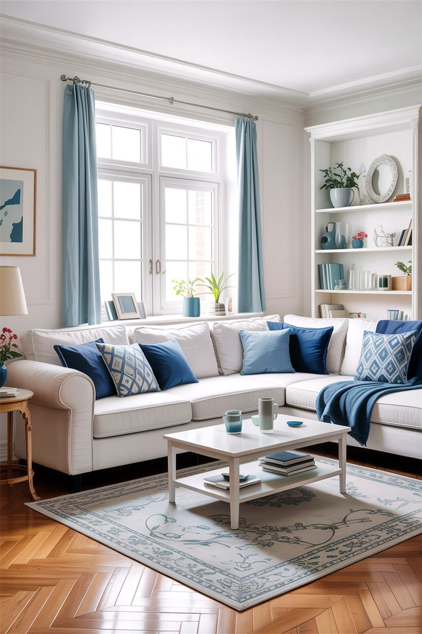 White room blue pillows - 30 blue and white living room ideas