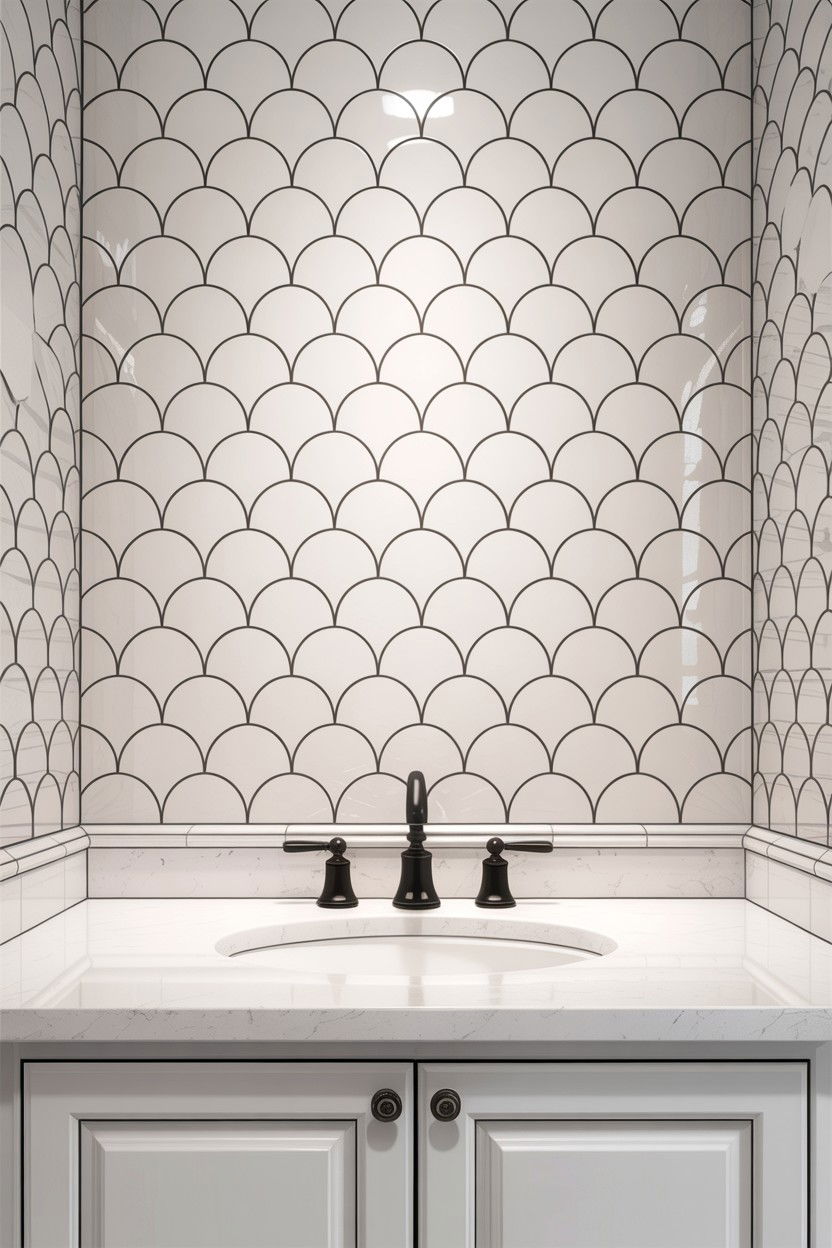 White scalloped tile backsplash - 30 fish scale tile bathroom ideas
