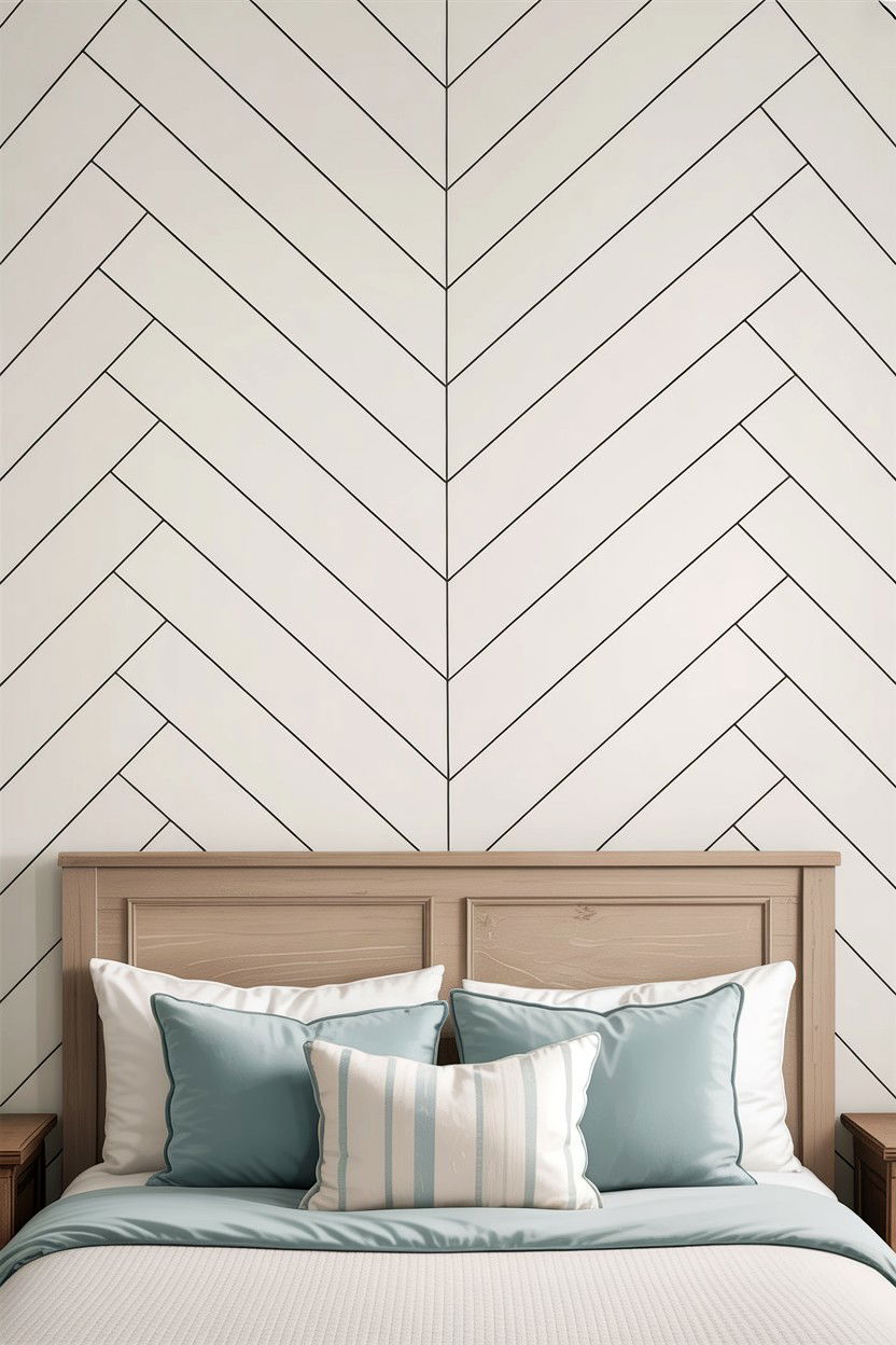White shiplap herringbone bedroom - 30 bedroom herringbone wall ideas