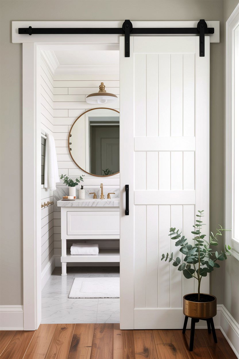 White sliding barn door - 30 bathroom barn door ideas