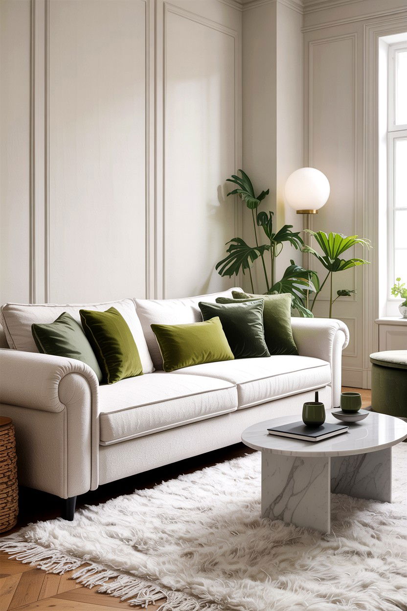 White sofa sage green pillows - 30 sage and white living room ideas