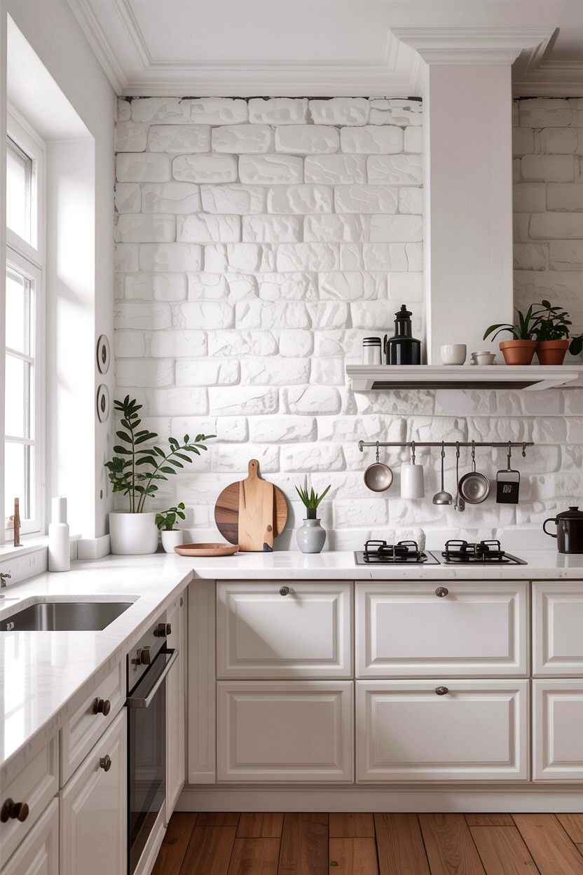 White stone wall - 30 stone kitchen ideas