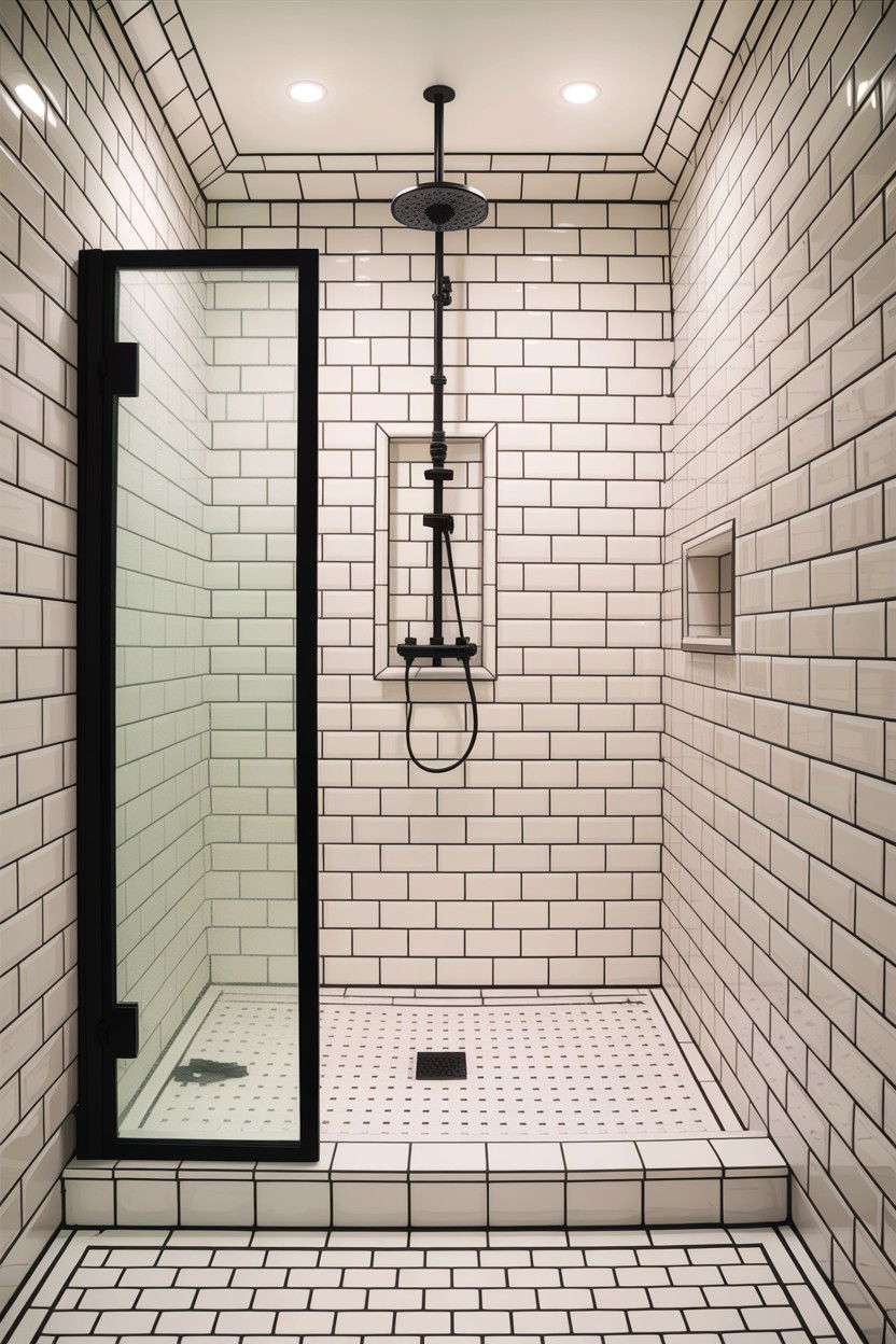 White subway tile black grout - 30 high contrast bathroom ideas