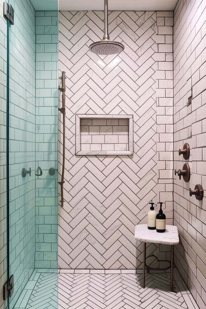 White subway tile herringbone shower - 30 herringbone pattern bathroom ideas