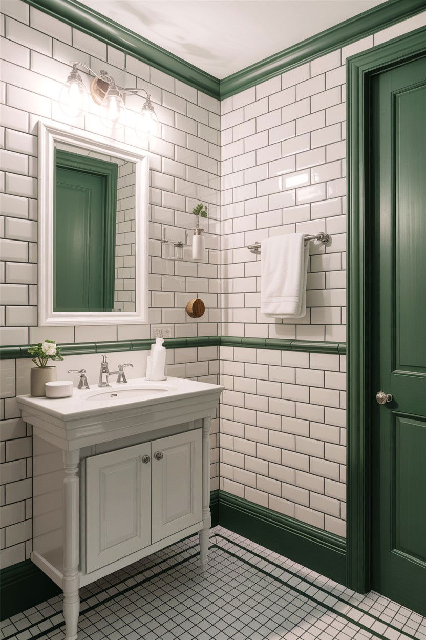 White subway tile sage green trim - 30 sage and white bathroom ideas
