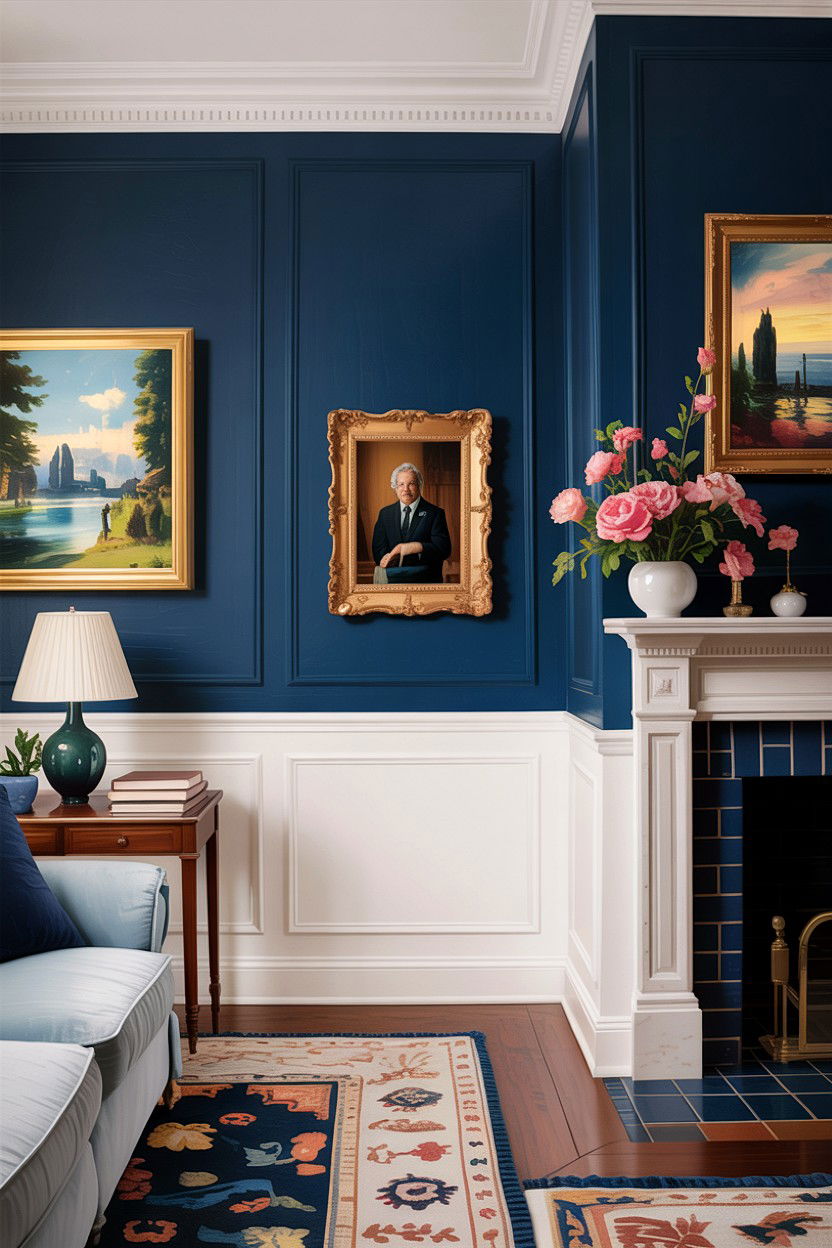 White wainscoting navy walls - 30 traditional navy living room ideas