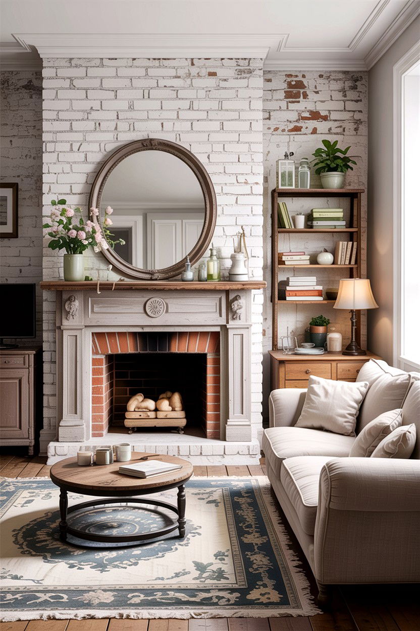 Whitewashed Brick Wall - 30 French shabby chic living room ideas
