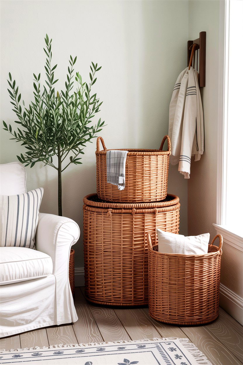 Wicker Storage Baskets - 30 rustic white bedroom ideas