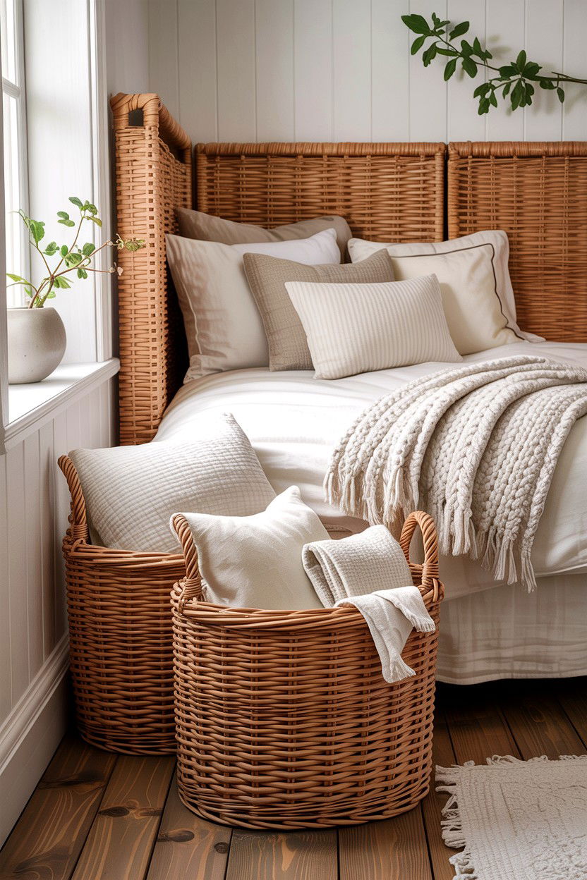 Wicker basket storage bedroom - 30 rustic cream bedroom ideas