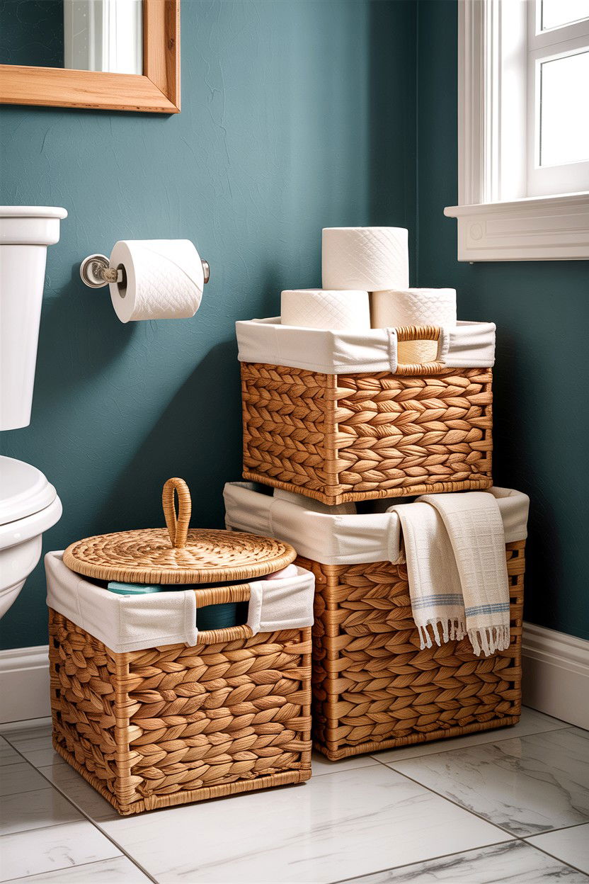 Wicker storage baskets - 30 small bathroom space storage ideas