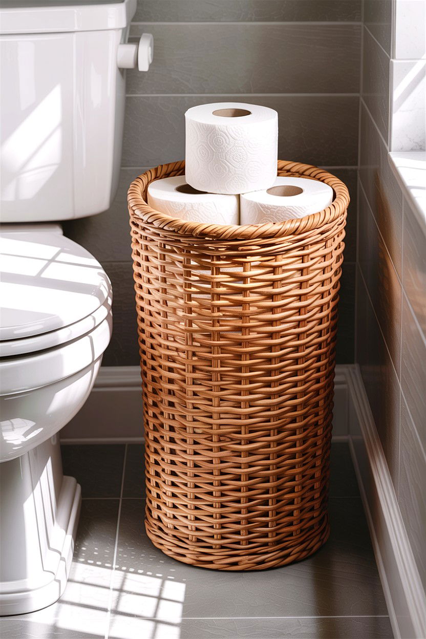 Wicker toilet paper floor basket - 30 bathroom basket storage ideas