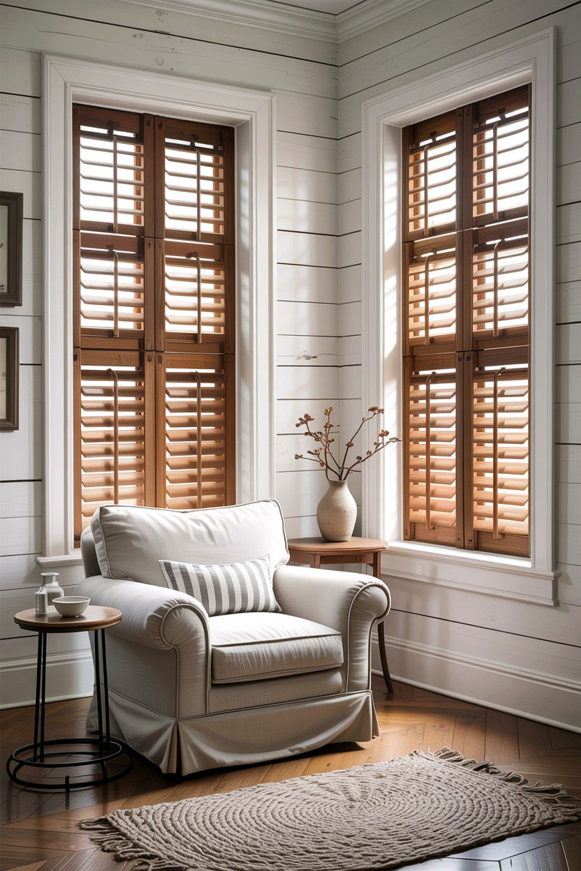 Window Shutters - 30 rustic white living room ideas