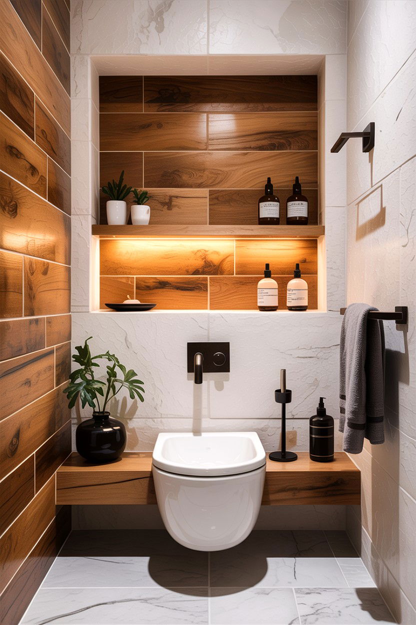 Wood Accent Bathroom Niche - 30 lighted niche bathroom ideas