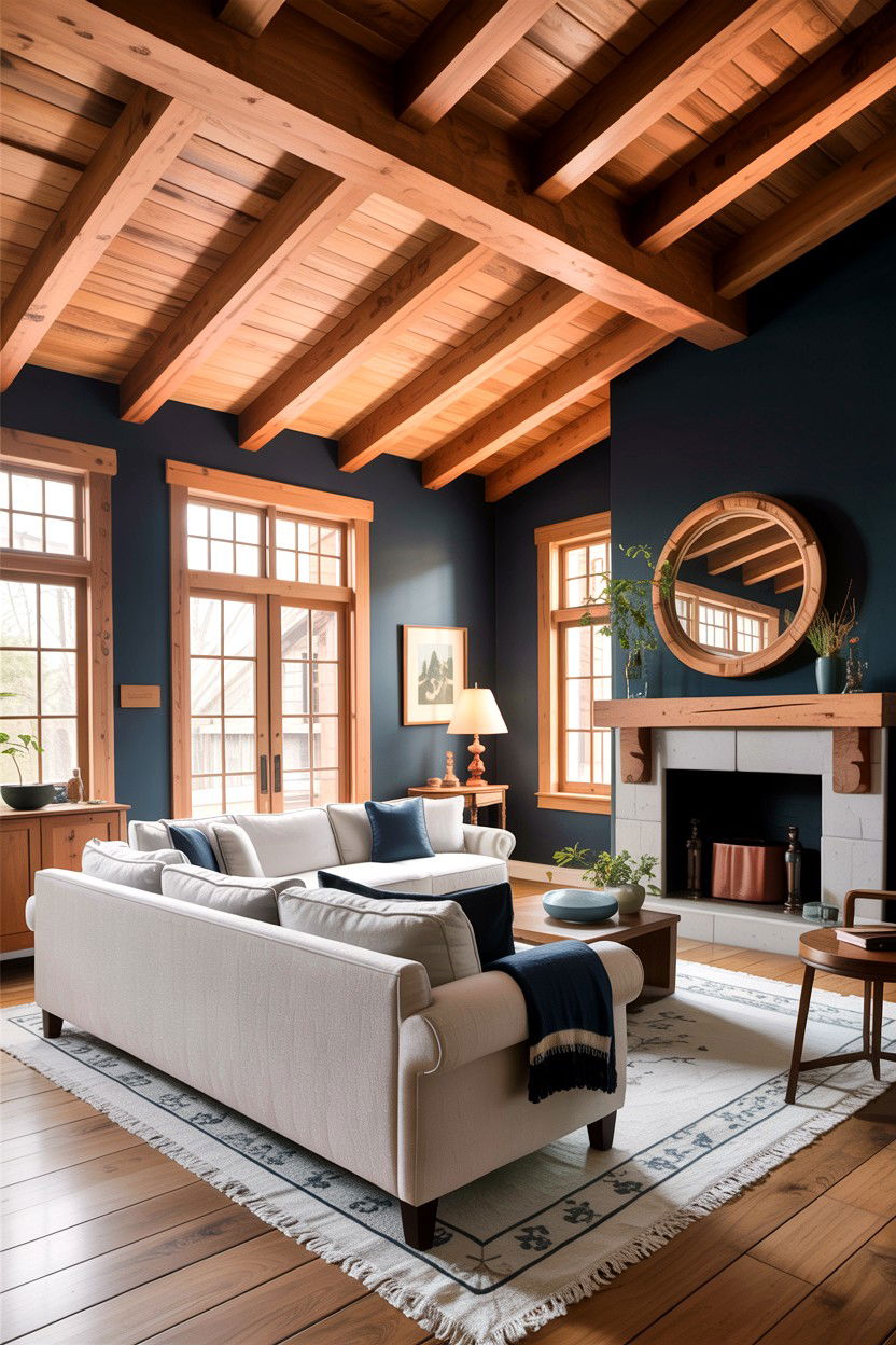 Wood Beam Navy Living Room - 30 rustic navy living room ideas